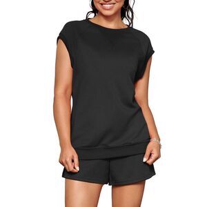2 Piece Short Sets Summer Cap Sleeve Tops Shorts Travel Sweat Sets Black